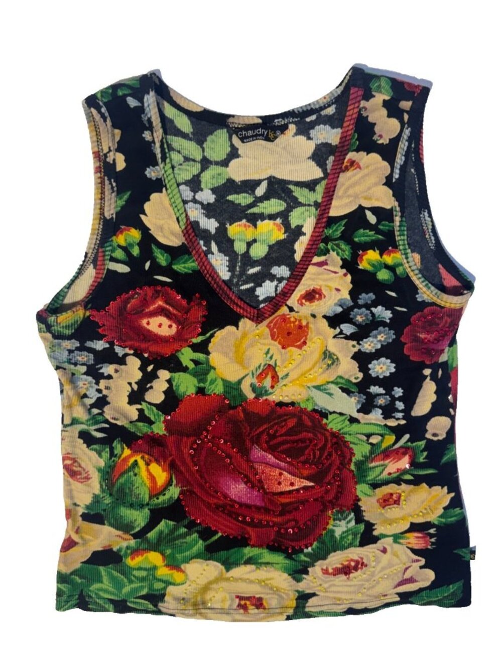 Chaudry KC Y2k Ribbed Floral Rose Sequin Tank Top M Yellow Red Beaded Vintage